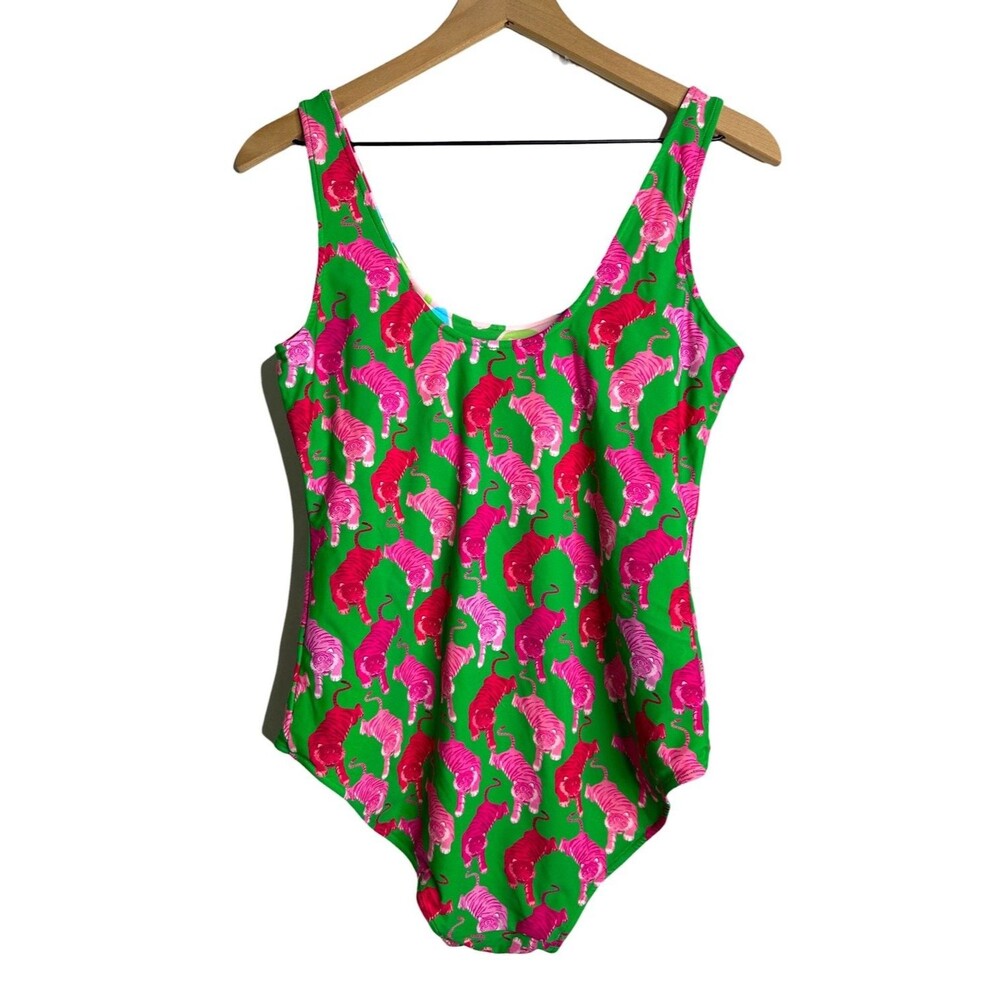 Posh Peanut One Piece Reversible Swimsuit Green Pink Tiger Abstract NWT Scoop - Picture 5 of 11